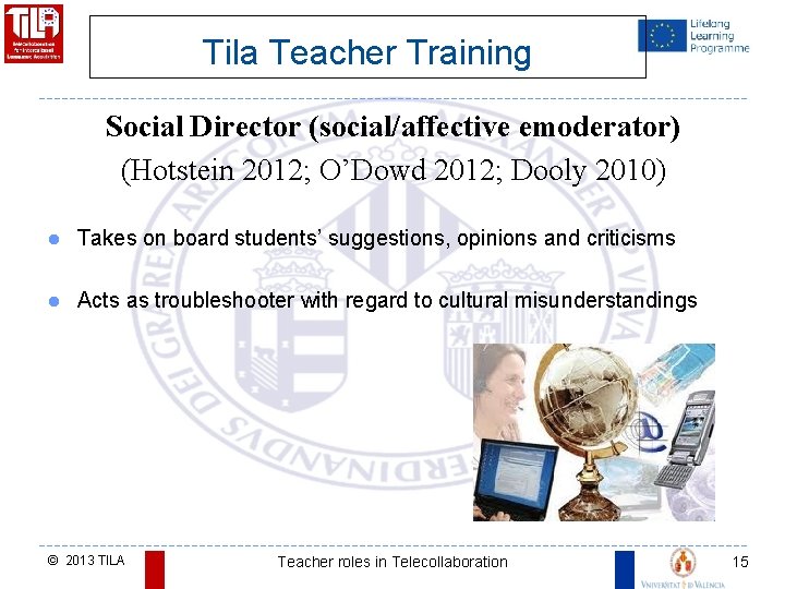 Tila Teacher Training Social Director (social/affective emoderator) (Hotstein 2012; O’Dowd 2012; Dooly 2010) l