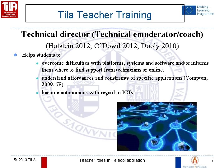 Tila Teacher Training Technical director (Technical emoderator/coach) (Hotstein 2012; O’Dowd 2012; Dooly 2010) l