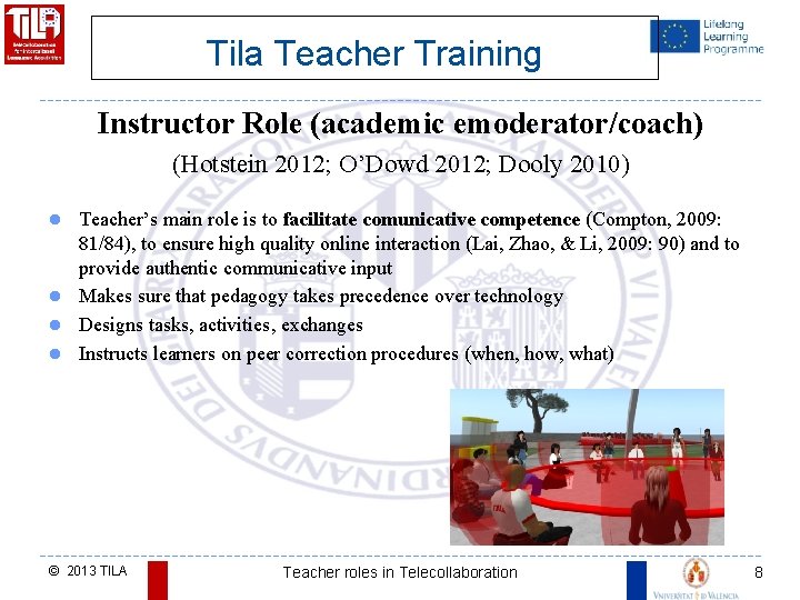 Tila Teacher Training Instructor Role (academic emoderator/coach) (Hotstein 2012; O’Dowd 2012; Dooly 2010) Teacher’s