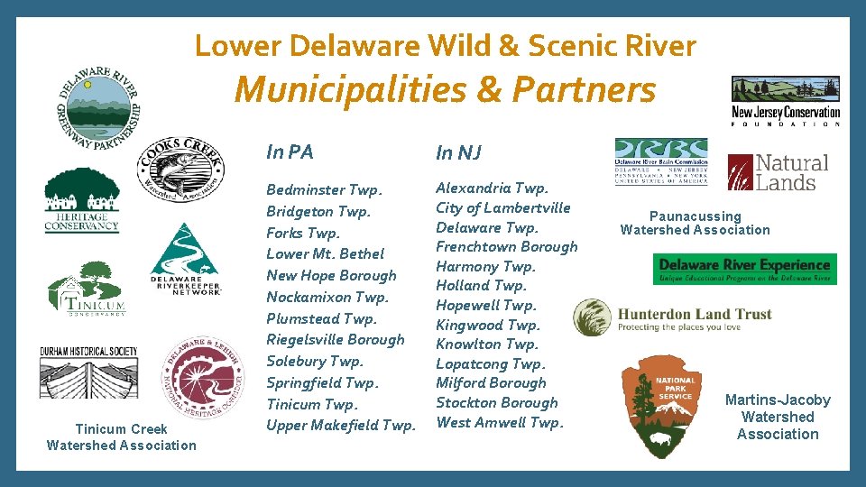 Lower Delaware Wild & Scenic River Municipalities & Partners Tinicum Creek Watershed Association In