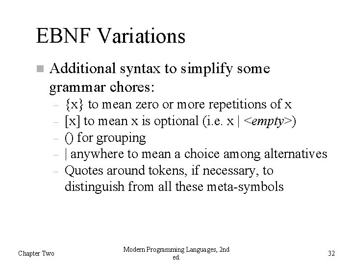 EBNF Variations Additional syntax to simplify some grammar chores: Chapter Two {x} to mean
