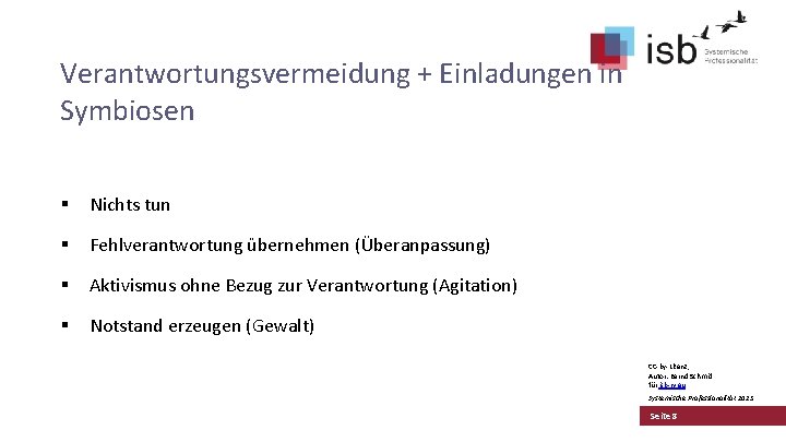 Verantwortungsvermeidung + Einladungen in Symbiosen § Nichts tun § Fehlverantwortung übernehmen (Überanpassung) § Aktivismus