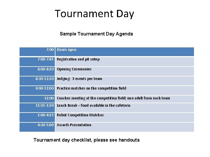 Tournament Day Sample Tournament Day Agenda 7: 00 Doors open 7: 00 -7: 45