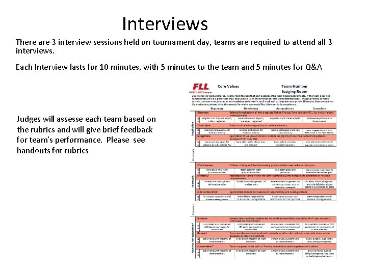 Interviews There are 3 interview sessions held on tournament day, teams are required to