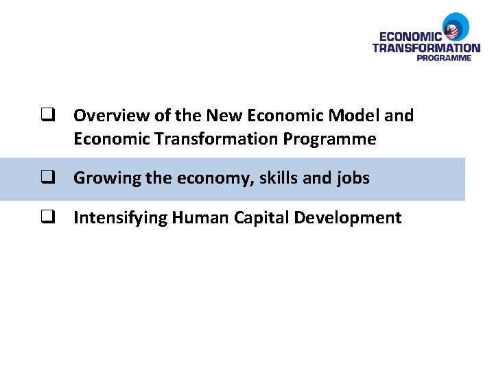 q Overview of the New Economic Model and Economic Transformation Programme q Growing the