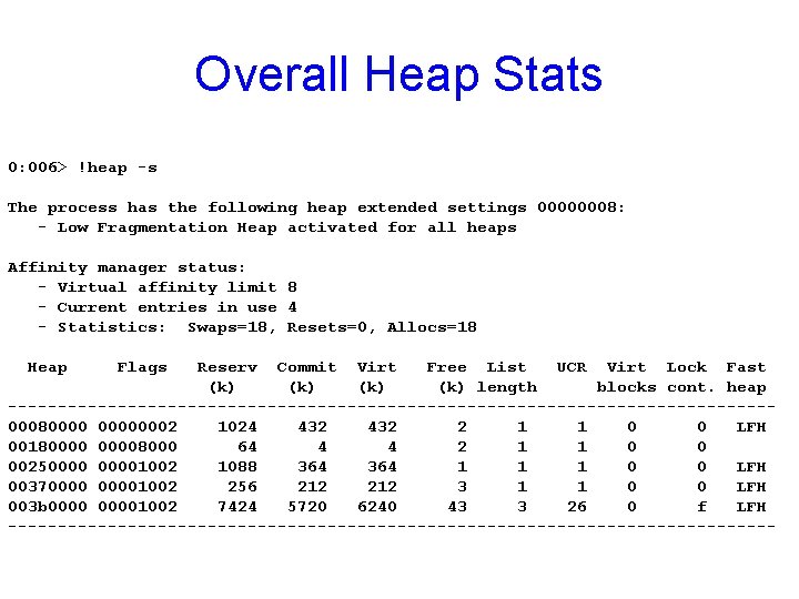 Overall Heap Stats 0: 006> !heap -s The process has the following heap extended