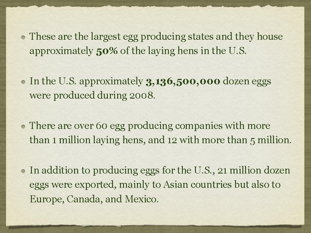 These are the largest egg producing states and they house approximately 50% of the