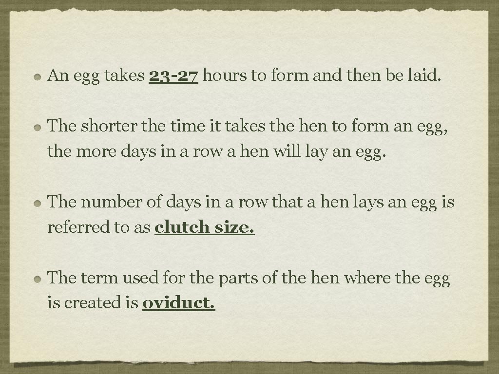 An egg takes 23 -27 hours to form and then be laid. The shorter