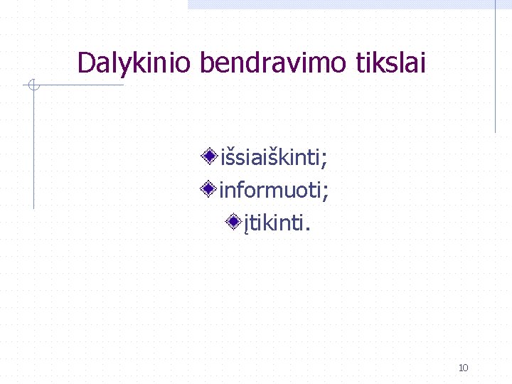 Dalykinio bendravimo tikslai išsiaiškinti; informuoti; įtikinti. 10 