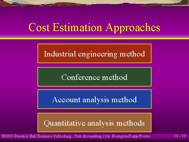 Cost Estimation Approaches Industrial engineering method Conference method Account analysis method Quantitative analysis methods