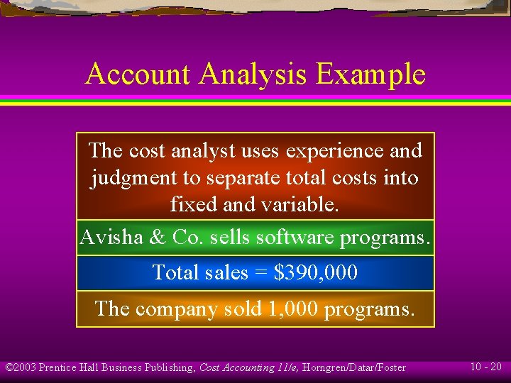 Account Analysis Example The cost analyst uses experience and judgment to separate total costs