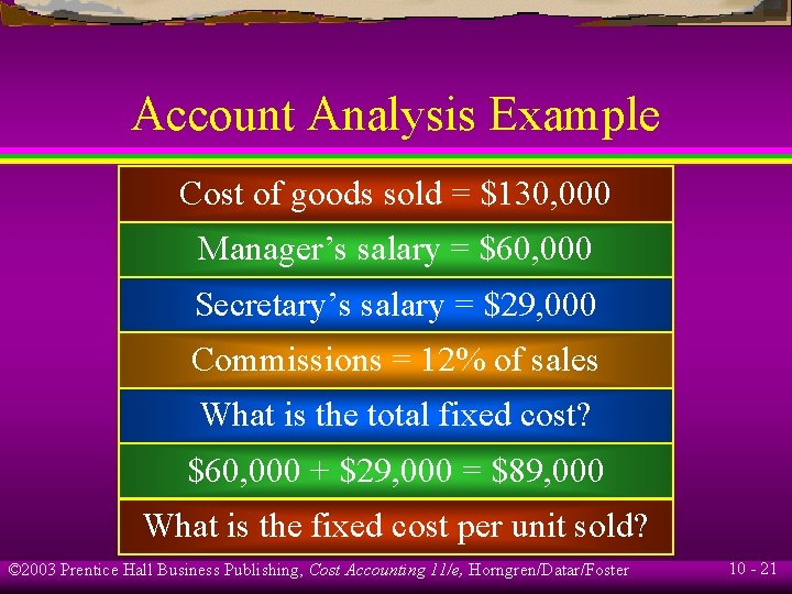 Account Analysis Example Cost of goods sold = $130, 000 Manager’s salary = $60,