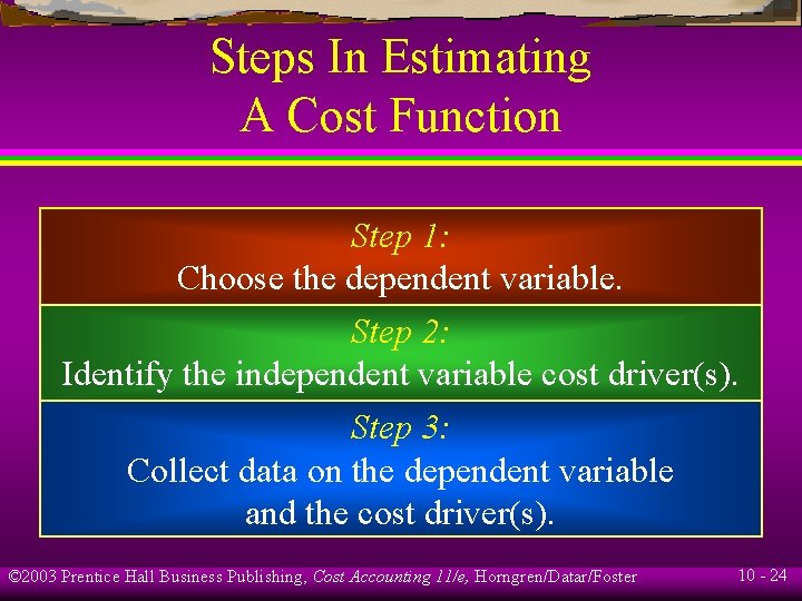 Steps In Estimating A Cost Function Step 1: Choose the dependent variable. Step 2: