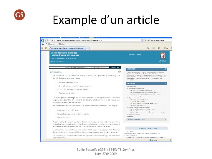 Example d’un article Tullio Basaglia (GS-SI) BE-EN-TE Seminar, Nov. 27 th 2009 