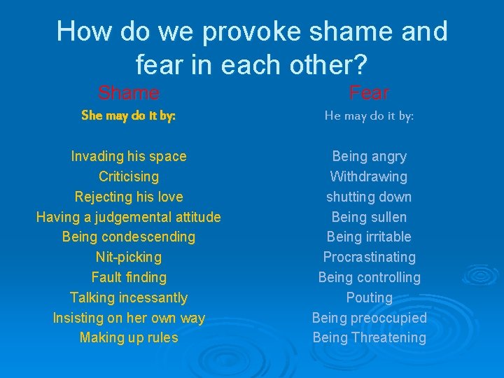 How do we provoke shame and fear in each other? Shame Fear She may