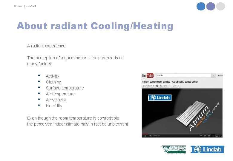 lindab | comfort About radiant Cooling/Heating A radiant experience The perception of a good