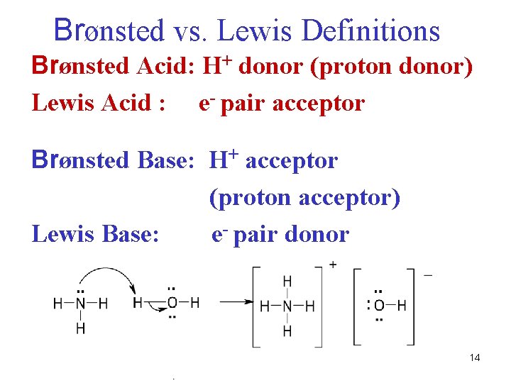 Brønsted vs. Lewis Definitions Brønsted Acid: H+ donor (proton donor) Lewis Acid : e-