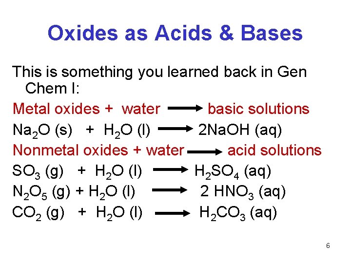 Oxides as Acids & Bases This is something you learned back in Gen Chem