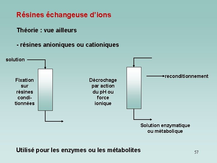 Résines échangeuse d’ions Théorie : vue ailleurs - résines anioniques ou cationiques solution Fixation Résines échangeuse d’ions Théorie : vue ailleurs - résines anioniques ou cationiques solution Fixation