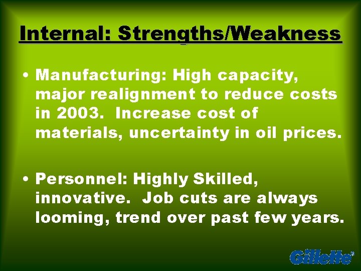 Internal: Strengths/Weakness • Manufacturing: High capacity, major realignment to reduce costs in 2003. Increase