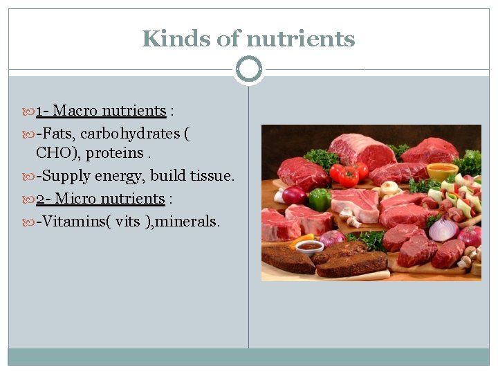 Kinds of nutrients 1 - Macro nutrients : -Fats, carbohydrates ( CHO), proteins. -Supply