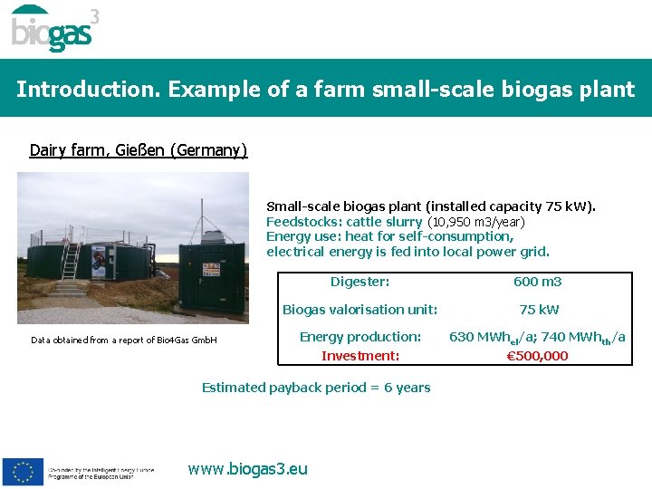 Introduction. Example of a farm small-scale biogas plant Dairy farm, Gießen (Germany) Small-scale biogas