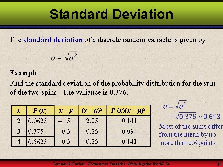 Standard Deviation The standard deviation of a discrete random variable is given by Example: