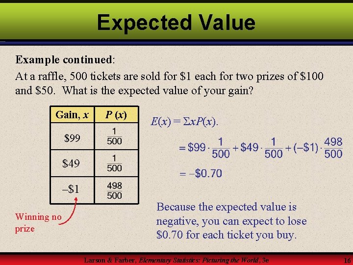 Expected Value Example continued: At a raffle, 500 tickets are sold for $1 each