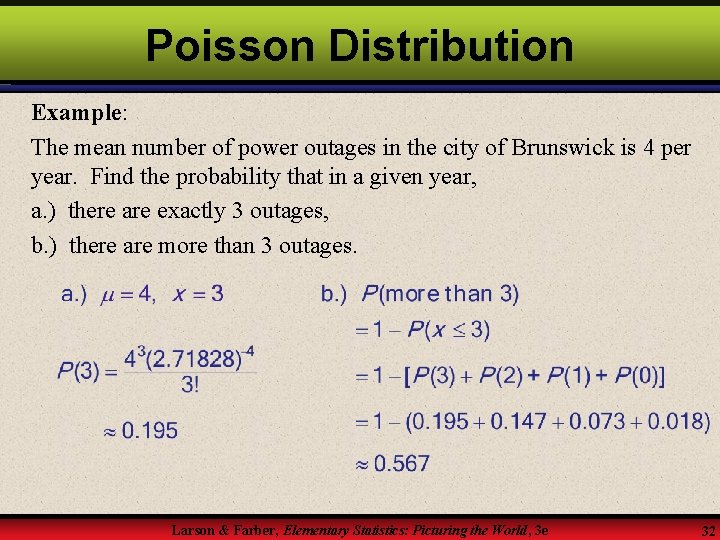 Poisson Distribution Example: The mean number of power outages in the city of Brunswick Poisson Distribution Example: The mean number of power outages in the city of Brunswick