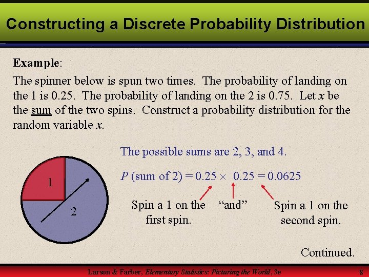 Constructing a Discrete Probability Distribution Example: The spinner below is spun two times. The Constructing a Discrete Probability Distribution Example: The spinner below is spun two times. The