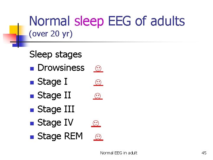 Normal sleep EEG of adults (over 20 yr) Sleep stages n Drowsiness n Stage