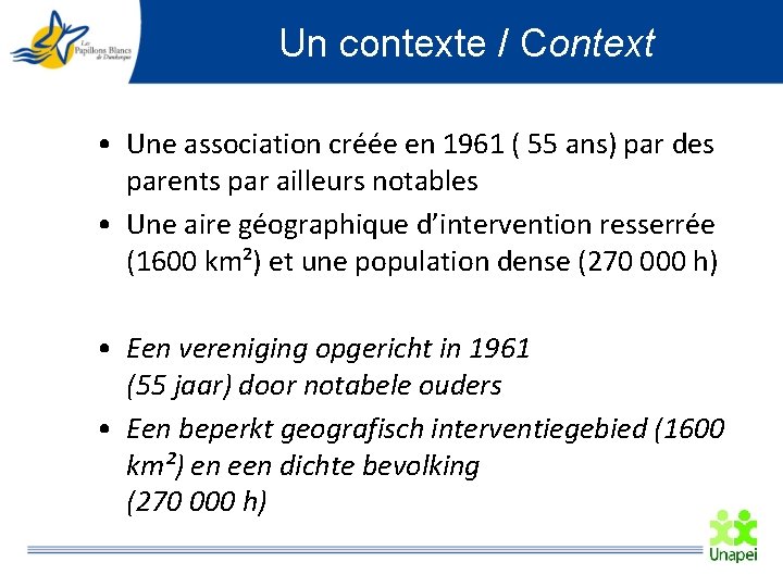 Un contexte / Context • Une association créée en 1961 ( 55 ans) par