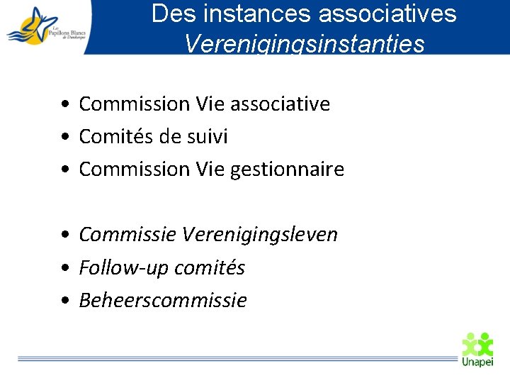 Des instances associatives Verenigingsinstanties • Commission Vie associative • Comités de suivi • Commission