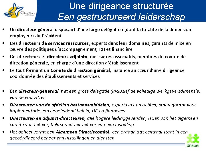 Une dirigeance structurée Een gestructureerd leiderschap • Un directeur général disposant d’une large délégation