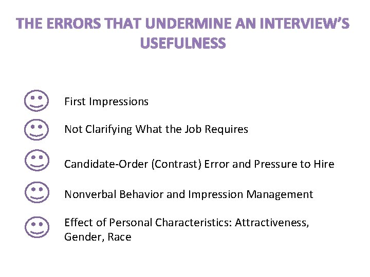 THE ERRORS THAT UNDERMINE AN INTERVIEW’S USEFULNESS First Impressions Not Clarifying What the Job