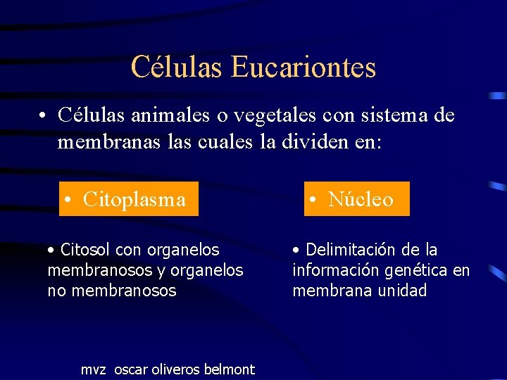 Células Eucariontes • Células animales o vegetales con sistema de membranas las cuales la