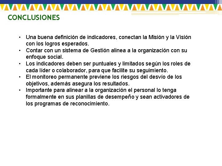 CONCLUSIONES • Una buena definición de indicadores, conectan la Misión y la Visión con