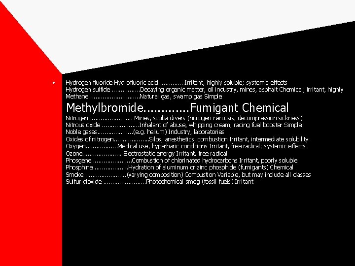  • Hydrogen fluoride Hydrofluoric acid. . . . Irritant, highly soluble; systemic effects