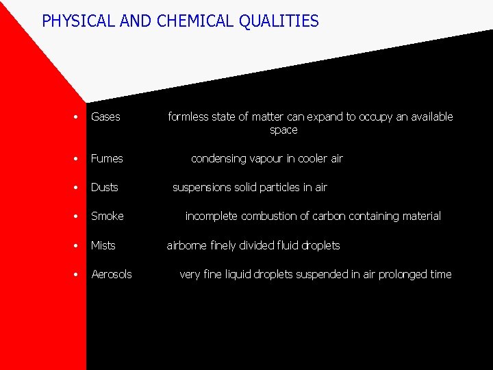 PHYSICAL AND CHEMICAL QUALITIES • Gases • Fumes • Dusts • Smoke • Mists