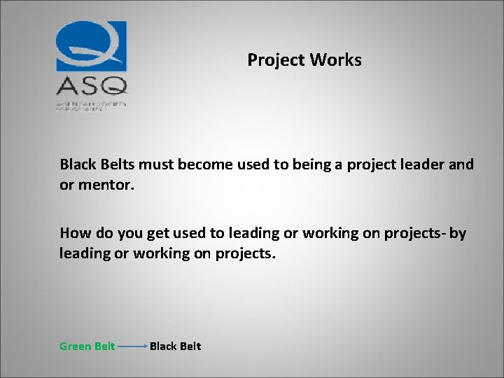 Project Works Black Belts must become used to being a project leader and or