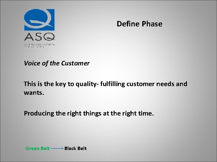 Define Phase Voice of the Customer This is the key to quality- fulfilling customer