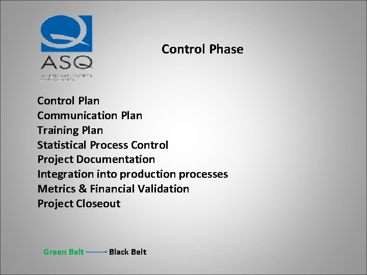 Control Phase Control Plan Communication Plan Training Plan Statistical Process Control Project Documentation Integration