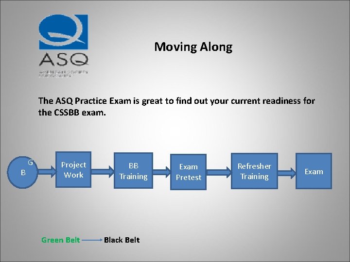 Moving Along The ASQ Practice Exam is great to find out your current readiness