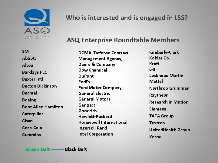 Who is interested and is engaged in LSS? ASQ Enterprise Roundtable Members 3 M