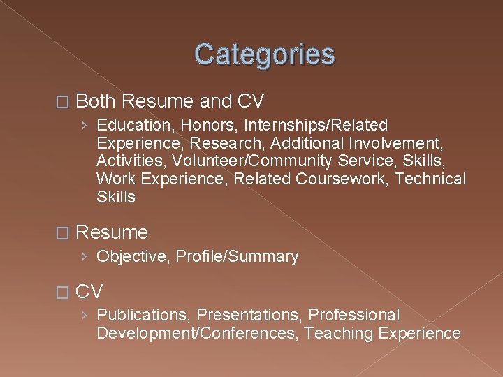 Categories � Both Resume and CV › Education, Honors, Internships/Related Experience, Research, Additional Involvement,