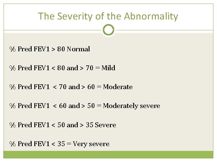 The Severity of the Abnormality % Pred FEV 1 > 80 Normal % Pred