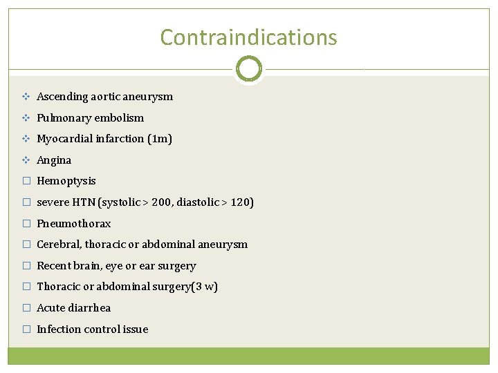 Contraindications v Ascending aortic aneurysm v Pulmonary embolism v Myocardial infarction (1 m) v