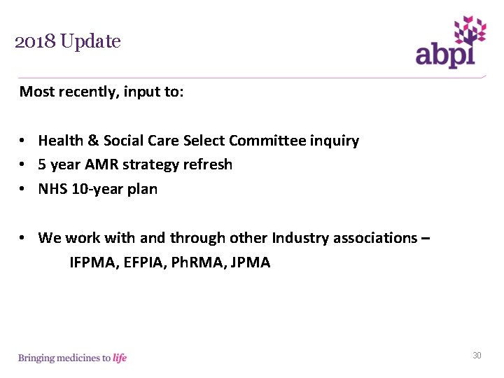 2018 Update Most recently, input to: • Health & Social Care Select Committee inquiry