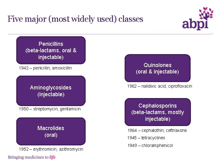 Five major (most widely used) classes Penicillins (beta-lactams, oral & injectable) 1942 – penicillin;