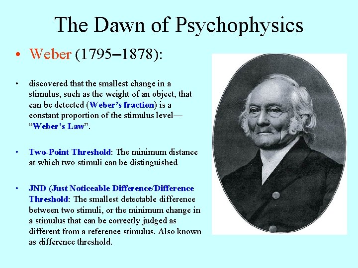 The Dawn of Psychophysics • Weber (1795– 1878): • discovered that the smallest change